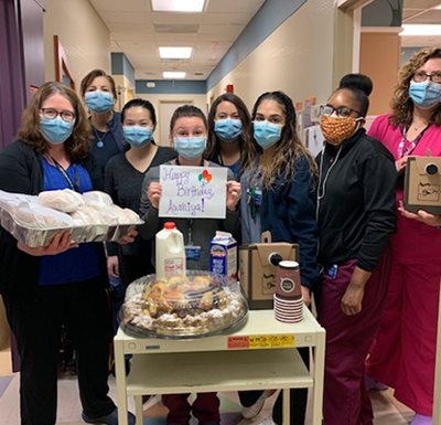 Pictured: Goryeb Children's Hospital team members with breakfast donated by a local young woman, Aashiya. Aashiya asked friends and family to contribute to provide a meal for local healthcare heroes in place of presents for her 13th birthday. 
